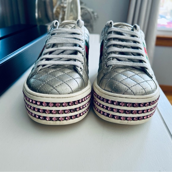 Gucci Silver Quilted Leather Bee Web Ace Crystal Embellished Platform Sneakers - Picture 5 of 16